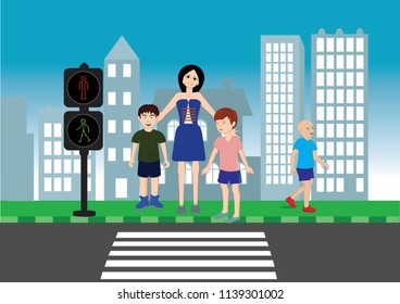 traffic education. traffic rules for children. Traffic signs. teacher and children traffic training. footbridge, overpass, children using pedestrian crossing. underpass