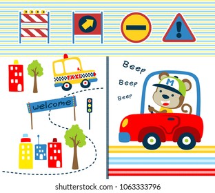 Traffic elements vector illustration with cartoon funny monkey driving car  