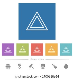 Traffic emergency triangle flat white icons in square backgrounds. 6 bonus icons included.