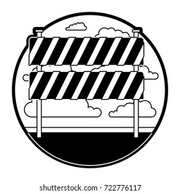 traffic fence in circular frame with cloud landscape on monochrome silhouette vector illustration