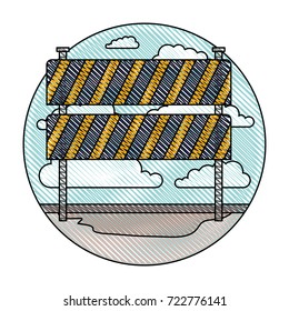 traffic fence in circular frame with cloud landscape on color crayon silhouette vector illustration