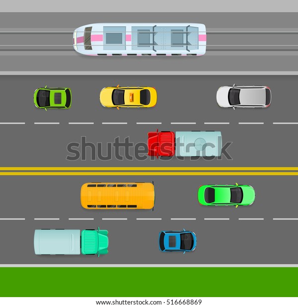 Traffic flows on left side of road. Two way
lane. Truck, trolleybus bus car, taxi on the road. Auto transport
banner. Transportation system. Structural road design. Line
markings. Vector
Illustration