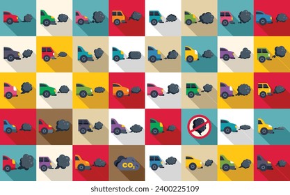 Traffic fumes icons set flat vector. Climate gas car. Traffic air auto