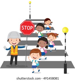 Traffic Guard Helping School Kids Crossing The Street By Holding A Stop Sign