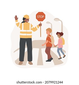 Traffic Guard Isolated Cartoon Vector Illustration. Students Road Safety, Guard Walking With Stop Sign, Traffic Rules, Wearing Safety West, School Children Crossing The Street Cartoon Vector.