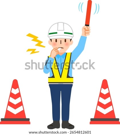 Traffic guard waving emergency lights above his head and blowing his horn