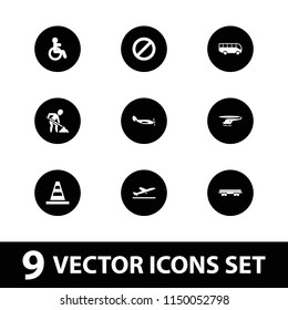 Traffic icon. collection of 9 traffic filled icons such as plane taking off, disabled, cone, cargo wagon, prohibited, airport bus. editable traffic icons for web and mobile.
