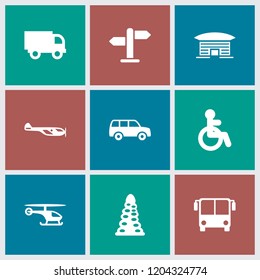 Traffic icon. collection of 9 traffic filled icons such as airport bus, disabled, helicopter, tunnel, truck, direction, airport. editable traffic icons for web and mobile.