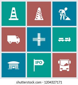 Traffic icon. collection of 9 traffic filled icons such as truck with luggage, cone barrier, tunnel, direction, truck, airport bus. editable traffic icons for web and mobile.