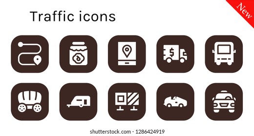  traffic icon set. 10 filled traffic icons. Simple modern icons about  - Route, Jam, Gps, Truck, Bus, Wagon, Caravan, Roadblock, Car, Taxi