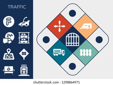  traffic icon set. 13 filled traffic icons. Simple modern icons about  - Gate, Disabled, Train, Location pin, Road sign, Delivery truck, Parkings, Flipdrive, Car, Caravan, Directions