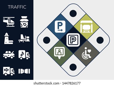 traffic icon set. 13 filled traffic icons.  Collection Of - Parking, Delivery truck, Seat belt, Damage, Truck, Split point, Forklift, Helicopter, Jam, Bus stop, Location pin, Disability