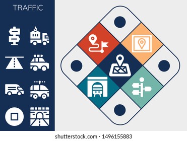 traffic icon set. 13 filled traffic icons.  Collection Of - Location pin, Stop, Road, Van, Electric car, Police car, Direction, Delivery truck, Gps, Tunnel, Signpost