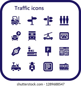  traffic icon set. 16 filled traffic icons. Simple modern icons about  - Forklift, Signpost, Road sign, Barrier, Parking, Train, Gps, Belt, Control tower, Cms, Van, Scooter