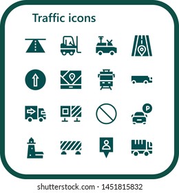 traffic icon set. 16 filled traffic icons.  Collection Of - Road, Forklift, Van, Traffic signal, Gps, Train, Cargo truck, Delivery truck, Roadblock, Forbbiden, Parking, Split point