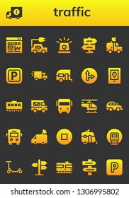 traffic icon set. 26 filled traffic icons.  Simple modern icons about  - Traffic, Delivery truck, Electric car, Siren, Signpost, Van, Parking, Caravan, signal, Gps, Train