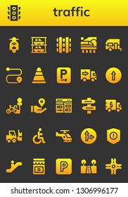 traffic icon set. 26 filled traffic icons.  Simple modern icons about  - Scooter, Traffic light, Parkings, Railway, Train, Caravan, Route, Cone, Parking, Delivery truck, signal
