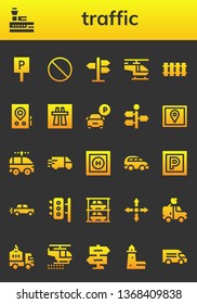 traffic icon set. 26 filled traffic icons.  Collection Of - Parking, Control tower, Forbbiden, Road sign, Helicopter, Railway, Gps, Motorway, Signpost, Electric car, Delivery truck