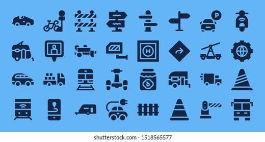 Traffic Icon Set. 32 Filled Traffic Icons. On Blue Background Style Collection Of - Car, Caravan, Train, Parking, Location Pin, Truck, Gps, Barrier, Trailer, Signpost, Rearview Mirror Icons