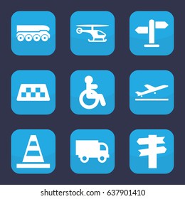 Traffic icon. set of 9 filled traffic icons such as taxi, plane taking off, disabled, cone, direction, helicopter, weapon truck