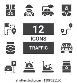 traffic icon set. Collection of 12 filled traffic icons included Jam, Bumper, Siren, Parking, Car, Route, Driver, Gps, Electric car