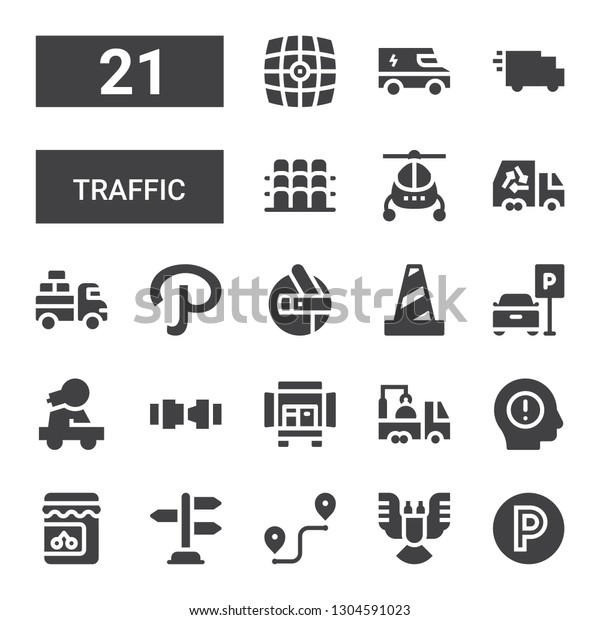 traffic icon set.\
Collection of 21 filled traffic icons included Parking, Deformity,\
Route, Road sign, Jam, Warning, Truck, Safety belt, Car, Traffic\
cone, Shuttle, Path,\
Van
