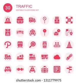 traffic icon set. Collection of 30 filled traffic icons included Siren, Train, Delivery truck, Street sign, Jam, Bus, Taxi, Stop, Parking, Path, Warning, Gps, Walkway, Ambulance lights