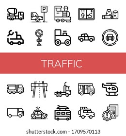 traffic icon set. Collection of Mixer truck, Truck, Parking, No parking, Train, Toy train, Navigator, Classic car, Obstacle, Traffic sign, Crane truck, Cargo Highway icons
