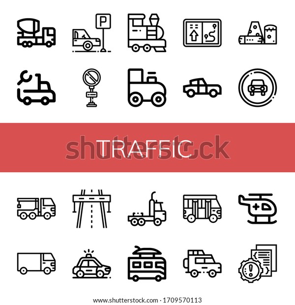 traffic icon set.\
Collection of Mixer truck, Truck, Parking, No parking, Train, Toy\
train, Navigator, Classic car, Obstacle, Traffic sign, Crane truck,\
Cargo Highway icons