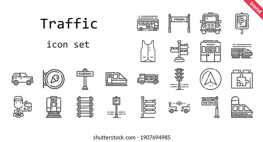 conjunto de iconos de tráfico. estilo de icono de línea. iconos relacionados con el tráfico como estacionamiento, bus, señalización, camión, ferrocarril, chaleco, navegador, señalización, señalización, metro, conductor, coche, metro, complemento web, acabado, tren