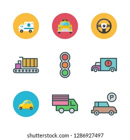 traffic icon set. vector set about steering wheel, cargo truck, ambulance and taxi icons set.