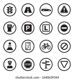 Traffic Icons. Black Flat Design In Circle. Vector Illustration.