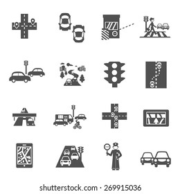 Traffic icons black set with cars navigation and policeman isolated vector illustration