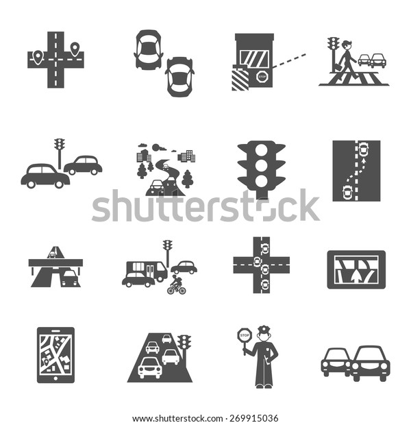 Traffic icons black set with cars navigation\
and policeman isolated vector\
illustration