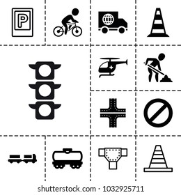 Traffic icons. set of 13 editable filled and outline traffic icons such as truck with luggage, road, prohibited, medical helicopter, bicycle, parking, cone, cone barrier