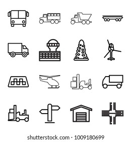 Traffic icons. set of 16 editable outline traffic icons such as taxi, airport bus, tunnel, truck, forklift, cargo wagon, direction, helicopter, garage, road