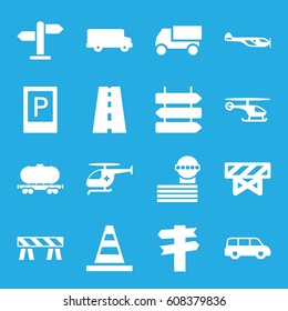 Traffic icons set. set of 16 traffic filled icons such as parking, direction   isolated, helicopter, barrier, airport tower, cone, truck, cargo wagon, road, medical helicopter