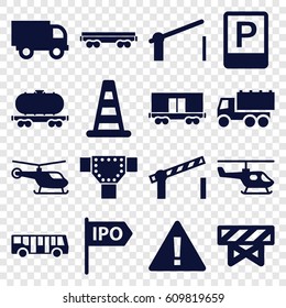 Traffic icons set. set of 16 traffic filled icons such as airport bus, cone barrier, helicopter, barrier, road, truck, cargo wagon, parking, road barrier, direction