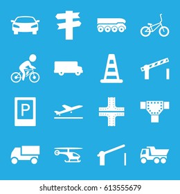 Traffic icons set. set of 16 traffic filled icons such as plane taking off, parking, cone barrier, road, truck, barrier, car, road barrier, bicycle, helicopter, weapon truck