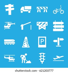 Traffic icons set. set of 16 traffic filled icons such as plane taking off, parking, direction   isolated, barrier, tunnel, truck, digging man, traffic light