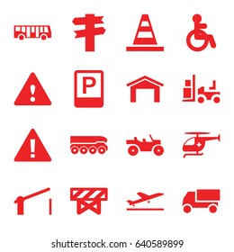 Traffic icons set. set of 16 traffic filled icons such as plane taking off, airport bus, disabled, barrier, garage, cone, truck, forklift, medical helicopter, parking, warning
