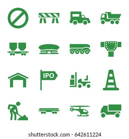Traffic icons set. set of 16 traffic filled icons such as cone barrier, garage, airport, road, truck, barrier, digging man, forklift, cargo wagon, prohibited, direction