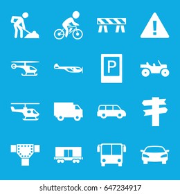 Traffic icons set. set of 16 traffic filled icons such as airport bus, parking, helicopter, road, barrier, digging man, cargo wagon, car, bicycle, weapon truck, truck