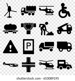 Traffic icons set. set of 16 traffic filled icons such as parking, disabled, helicopter, road, truck, digging man, cargo wagon, warning
