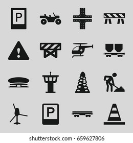 Traffic icons set. set of 16 traffic filled icons such as parking, barrier, airport tower, airport, tunnel, road, cone, digging man, cargo wagon, medical helicopter, warning