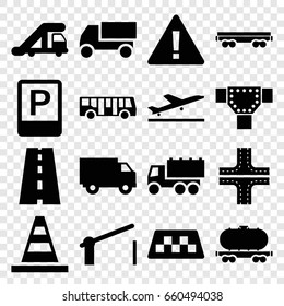 Traffic icons set. set of 16 traffic filled icons such as taxi, plane taking off, airport bus, truck crane, road, cone, cargo wagon, barrier, parking