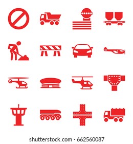 Traffic icons set. set of 16 traffic filled icons such as helicopter, airport tower, airport, road, truck, barrier, digging man, cargo wagon, prohibited, car