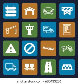Traffic icons set. set of 16 traffic filled and outline icons such as taxi, direction   isolated, helicopter, barrier, garage, airport tower, cargo wagon, road, prohibited