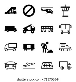 Traffic icons set. set of 16 traffic filled and outline icons such as truck crane, digging man, cargo wagon, prohibited, truck rocket, helicopter, taxi, plane taking off