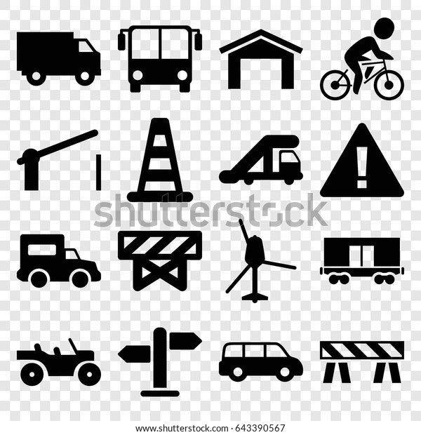 Traffic icons set. set of\
16 traffic filled icons such as airport bus, truck crane, cone\
barrier, barrier, garage, cargo wagon, bicycle, truck, direction,\
weapon truck